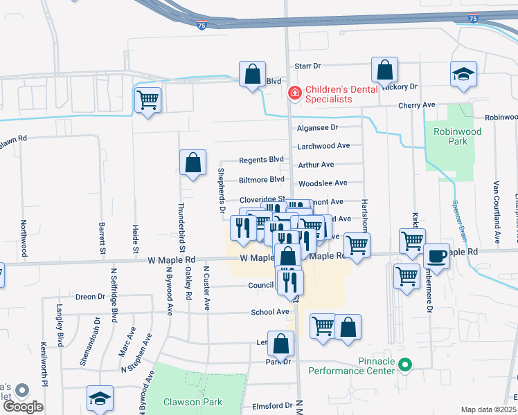 map of restaurants, bars, coffee shops, grocery stores, and more near 107 Cloveridge Drive in Troy