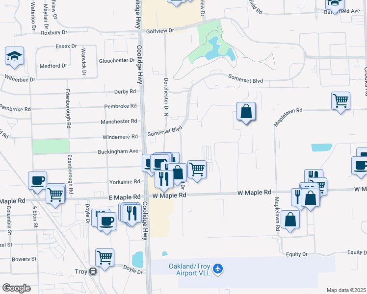map of restaurants, bars, coffee shops, grocery stores, and more near 1968 Axtell Drive in Troy