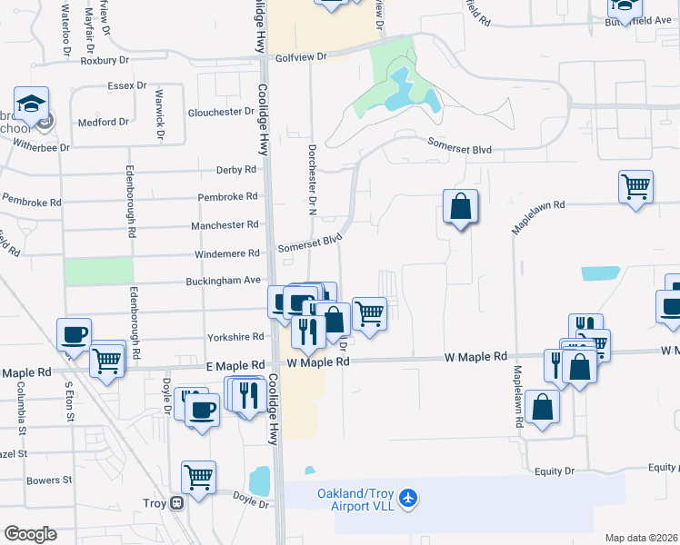 map of restaurants, bars, coffee shops, grocery stores, and more near 1968 Axtell Drive in Troy