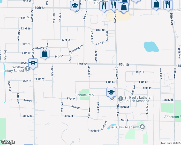 map of restaurants, bars, coffee shops, grocery stores, and more near 8533 43rd Avenue in Kenosha