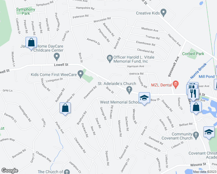 map of restaurants, bars, coffee shops, grocery stores, and more near 25 Bow Street in Peabody