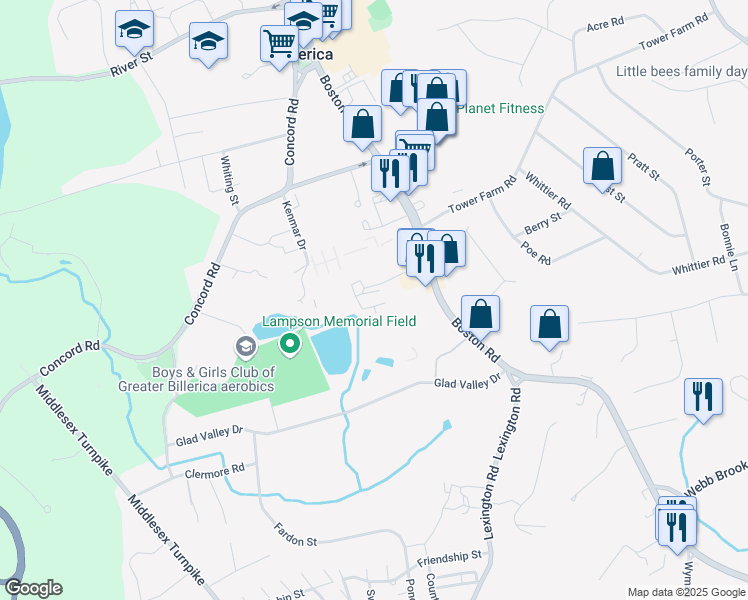 map of restaurants, bars, coffee shops, grocery stores, and more near 1 Innis Drive in Billerica