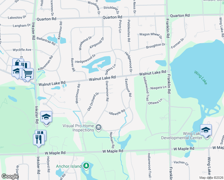 map of restaurants, bars, coffee shops, grocery stores, and more near 6006 Darramoor Road in Bloomfield Hills