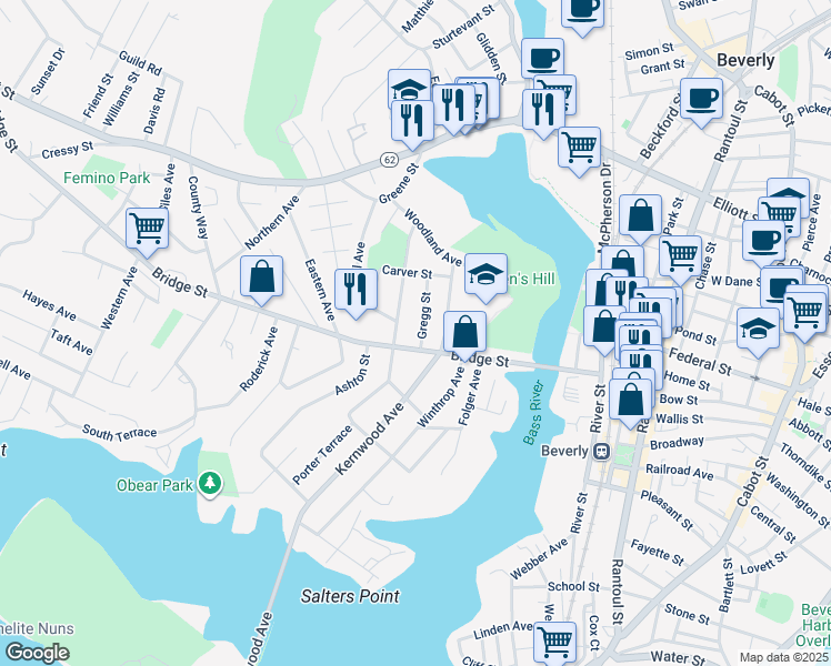 map of restaurants, bars, coffee shops, grocery stores, and more near 6 Gregg Street in Beverly
