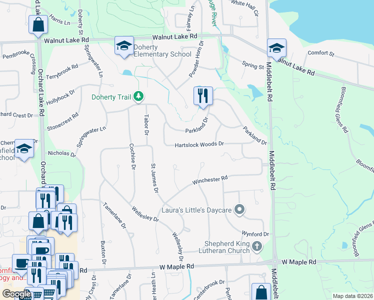 map of restaurants, bars, coffee shops, grocery stores, and more near 3225 Hartslock Woods Dr in West Bloomfield Township