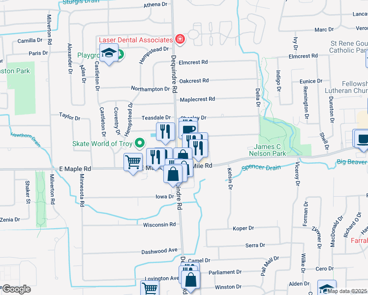 map of restaurants, bars, coffee shops, grocery stores, and more near 35084-35178 Dequindre Road in Sterling Heights