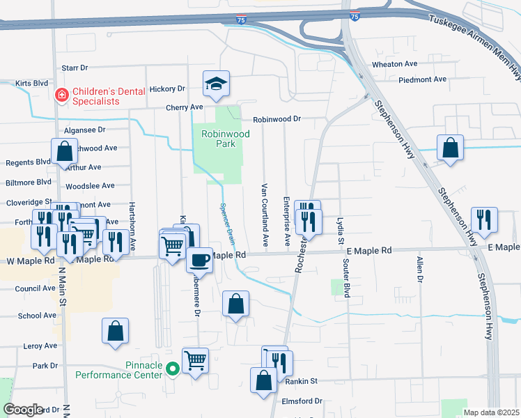 map of restaurants, bars, coffee shops, grocery stores, and more near 1777 Van Courtland Drive in Troy
