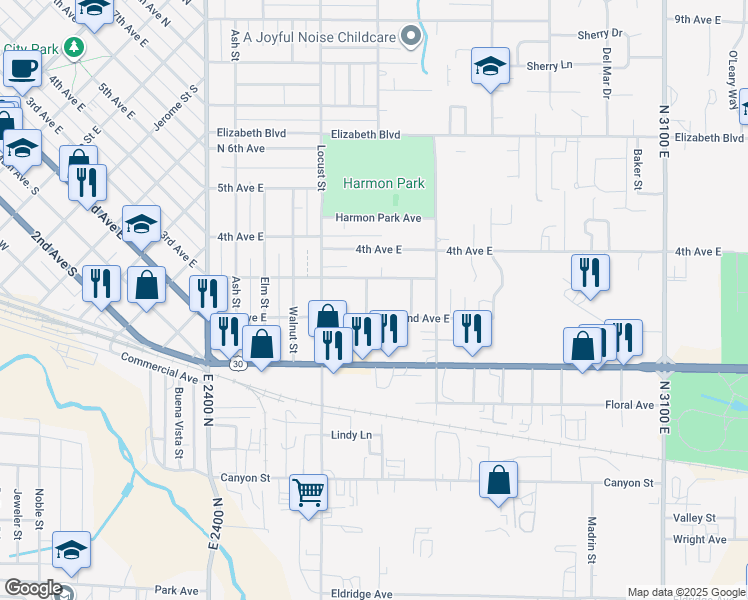 map of restaurants, bars, coffee shops, grocery stores, and more near 218 Maurice St in Twin Falls