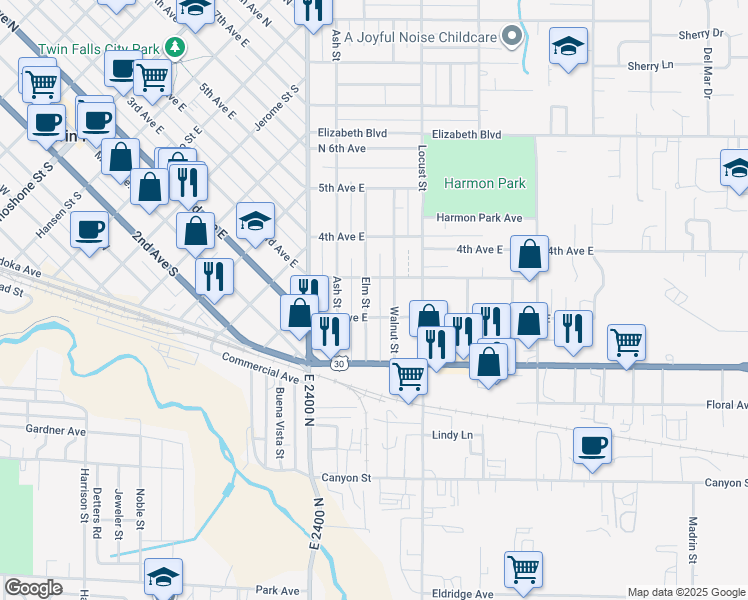 map of restaurants, bars, coffee shops, grocery stores, and more near 222 Elm Street in Twin Falls