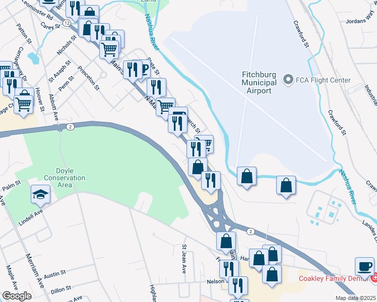 map of restaurants, bars, coffee shops, grocery stores, and more near 560 North Main Street in Leominster