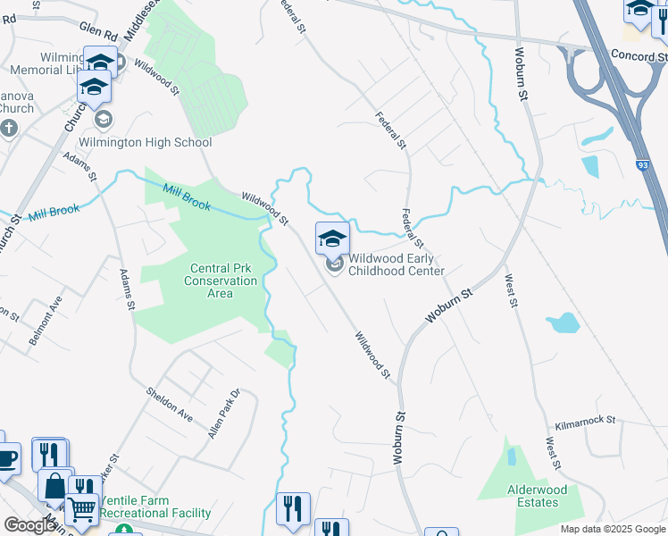 map of restaurants, bars, coffee shops, grocery stores, and more near 182 Wildwood Street in Wilmington