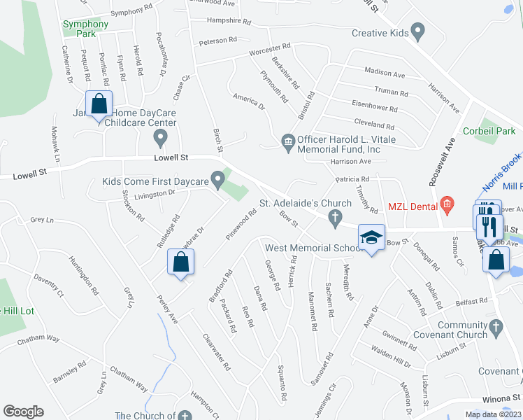map of restaurants, bars, coffee shops, grocery stores, and more near 4 Pinewood Road in Peabody