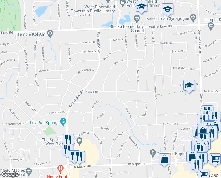 map of restaurants, bars, coffee shops, grocery stores, and more near 4652 Patrick Road in West Bloomfield Township