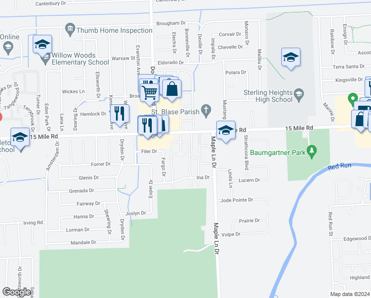 map of restaurants, bars, coffee shops, grocery stores, and more near 34731 Kimberly Drive in Sterling Heights