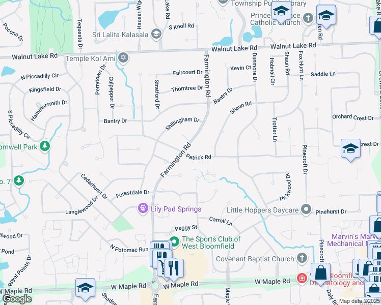 map of restaurants, bars, coffee shops, grocery stores, and more near 4900 Patrick Road in West Bloomfield Township