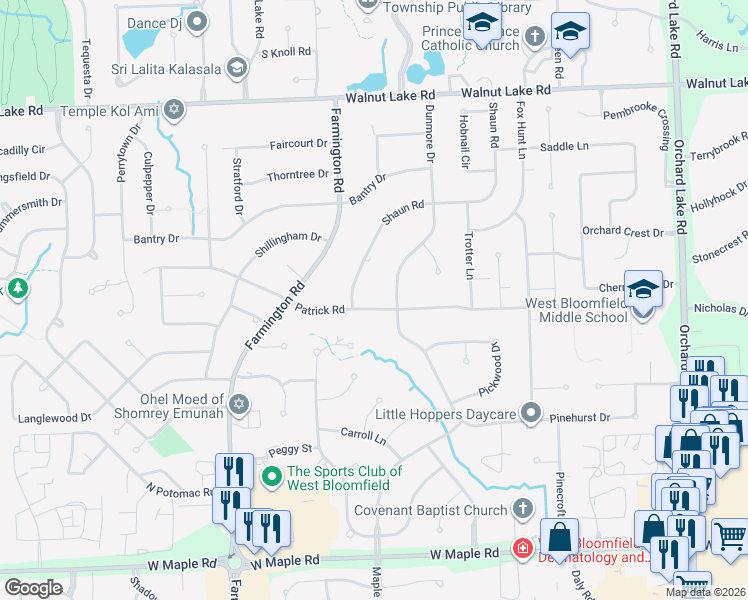 map of restaurants, bars, coffee shops, grocery stores, and more near 4652 Patrick Road in West Bloomfield Township