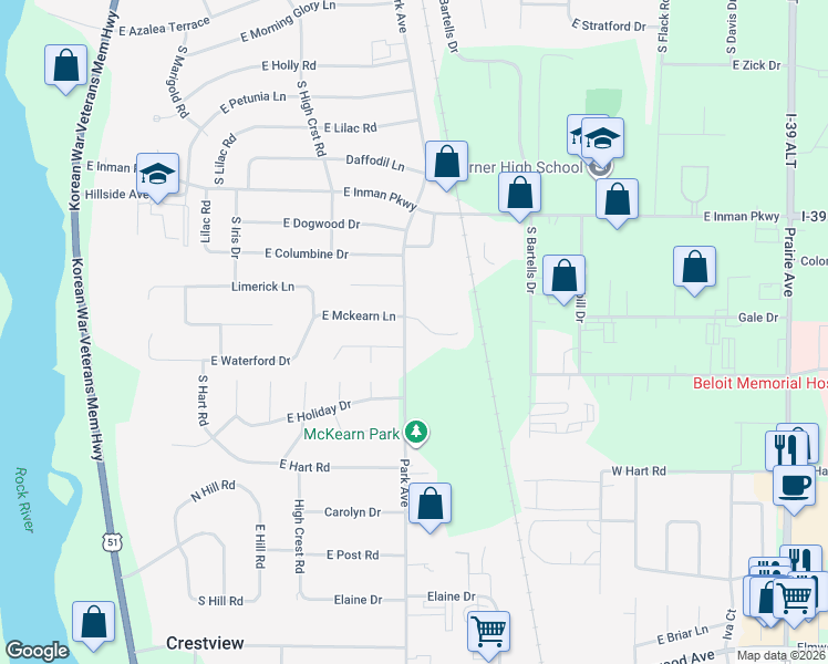 map of restaurants, bars, coffee shops, grocery stores, and more near 885 Bridget Drive in Beloit