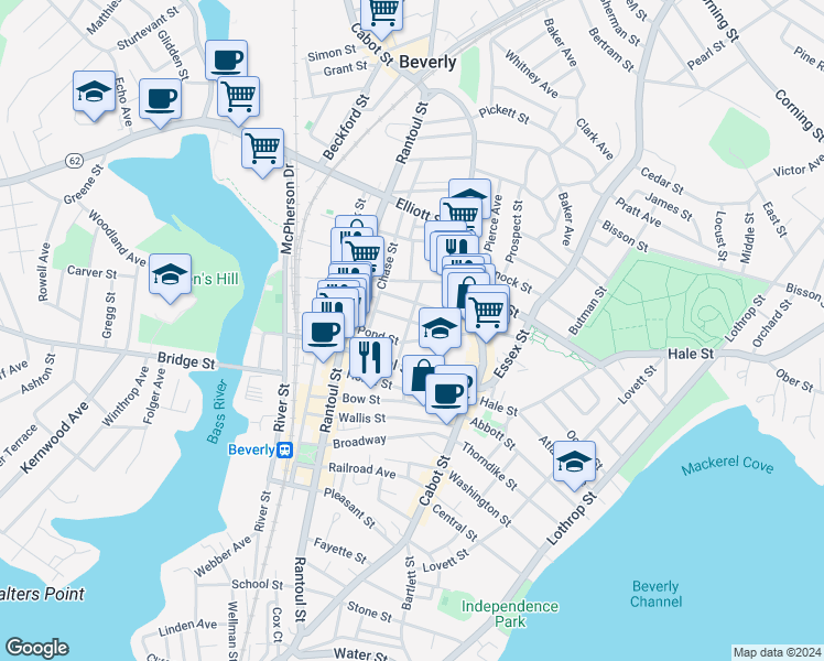 map of restaurants, bars, coffee shops, grocery stores, and more near 13 Mulberry Street in Beverly