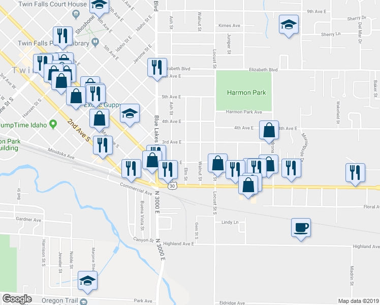 map of restaurants, bars, coffee shops, grocery stores, and more near 222 Elm Street in Twin Falls