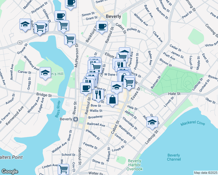map of restaurants, bars, coffee shops, grocery stores, and more near 10 Mulberry Street in Beverly