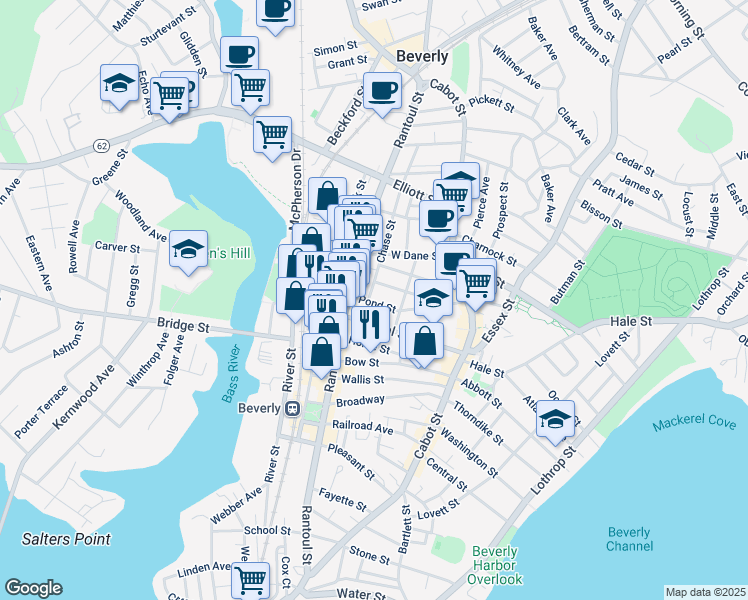 map of restaurants, bars, coffee shops, grocery stores, and more near 46 Pond Street in Beverly