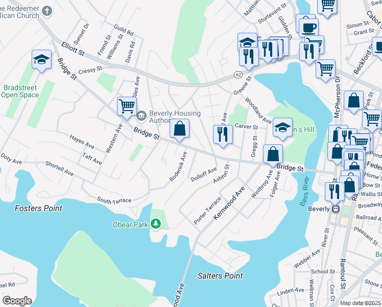 map of restaurants, bars, coffee shops, grocery stores, and more near 5 Hillcrest Avenue in Beverly