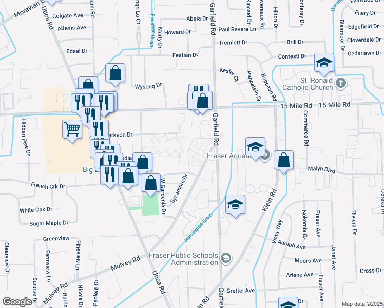 map of restaurants, bars, coffee shops, grocery stores, and more near 16563 Woodlane in Fraser
