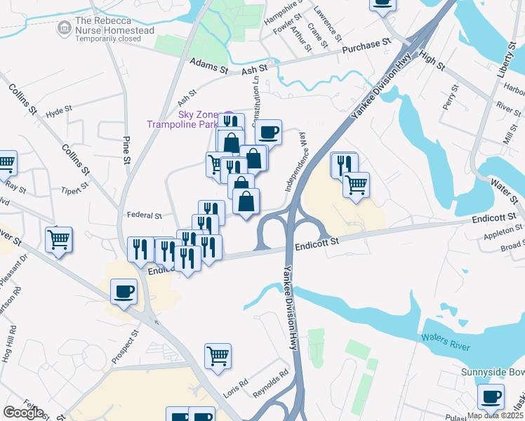 map of restaurants, bars, coffee shops, grocery stores, and more near 50 Independence Way in Danvers