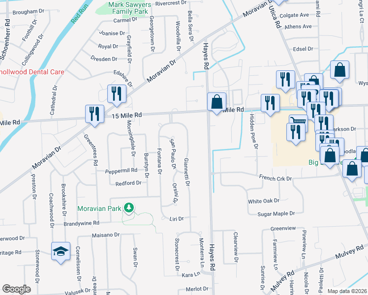 map of restaurants, bars, coffee shops, grocery stores, and more near 34667 Giannetti Drive in Sterling Heights