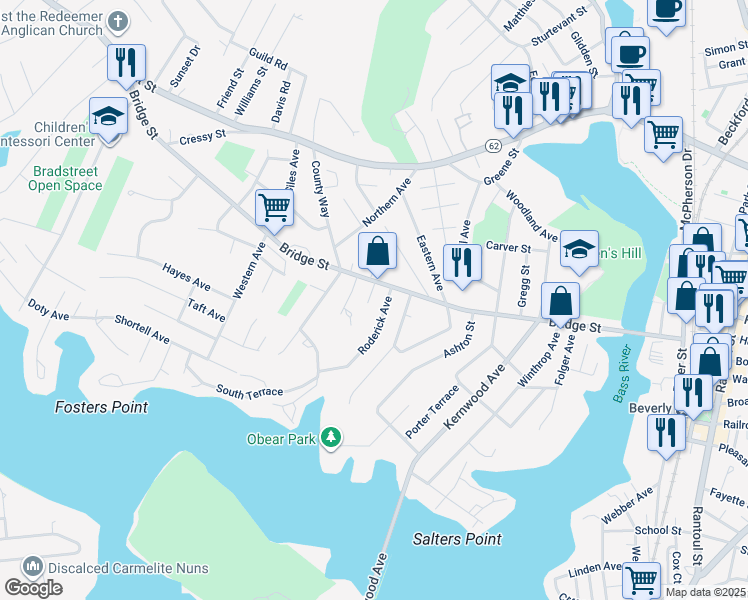 map of restaurants, bars, coffee shops, grocery stores, and more near 2 Carleton Avenue in Beverly