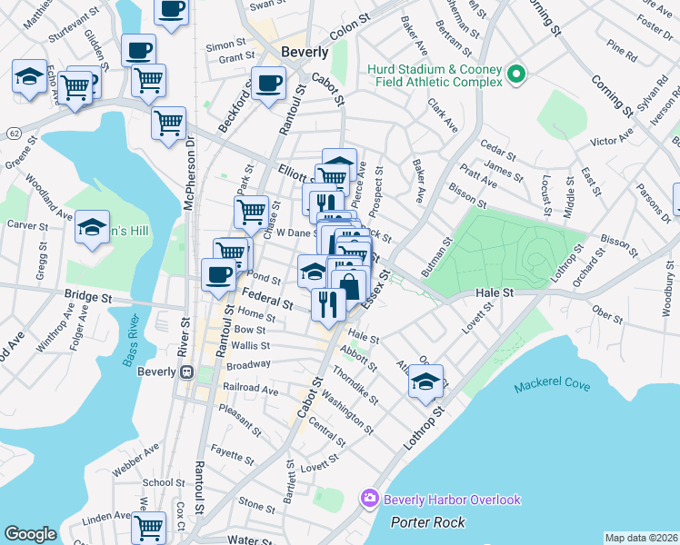 map of restaurants, bars, coffee shops, grocery stores, and more near 274 Cabot Street in Beverly