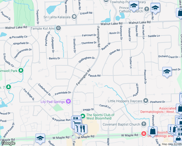 map of restaurants, bars, coffee shops, grocery stores, and more near 4900 Patrick Road in Oakland County
