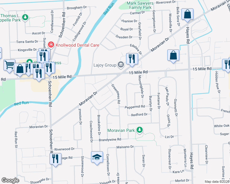 map of restaurants, bars, coffee shops, grocery stores, and more near 34574 Greentrees Road in Sterling Heights