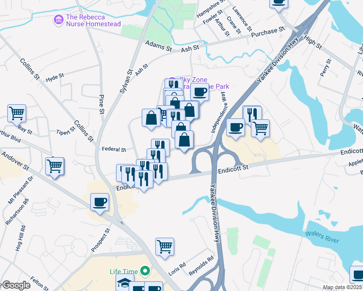 map of restaurants, bars, coffee shops, grocery stores, and more near 50 Independence Way in Danvers