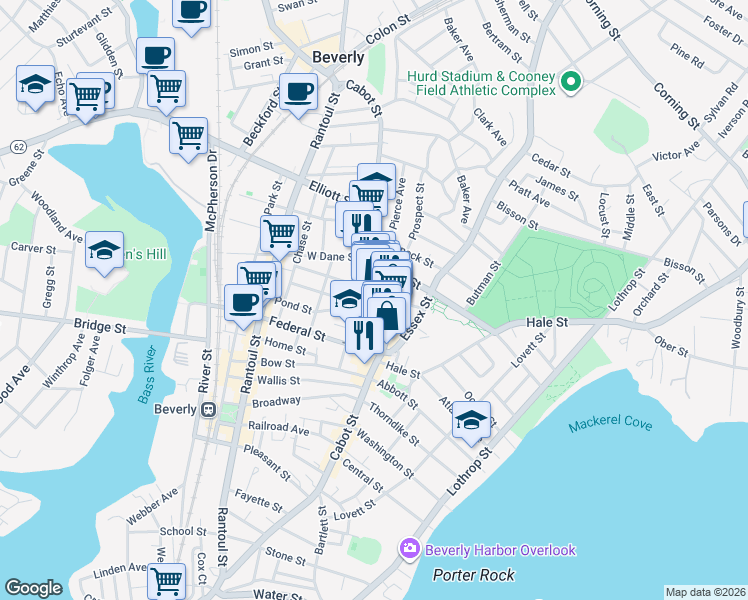 map of restaurants, bars, coffee shops, grocery stores, and more near 274 Cabot Street in Beverly