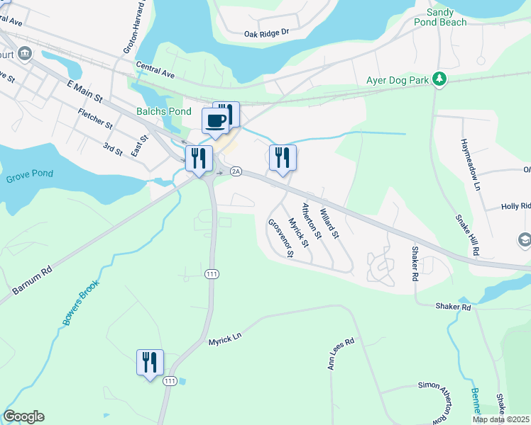 map of restaurants, bars, coffee shops, grocery stores, and more near 19 Markham Circle in Ayer