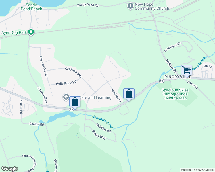 map of restaurants, bars, coffee shops, grocery stores, and more near 92 Hemlock Drive in Ayer