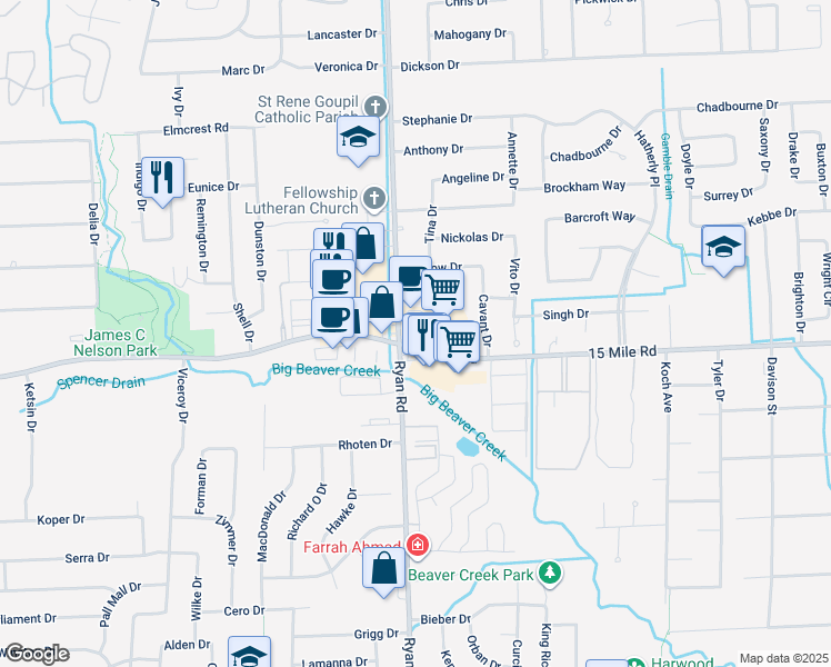 map of restaurants, bars, coffee shops, grocery stores, and more near 4051 15 Mile Rd in Sterling Heights