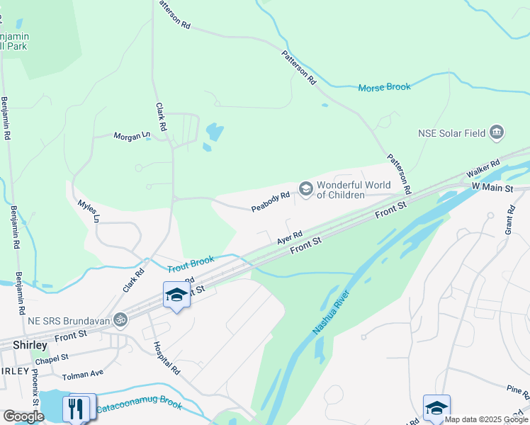 map of restaurants, bars, coffee shops, grocery stores, and more near 29 Peabody Road in Shirley