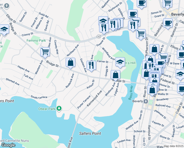 map of restaurants, bars, coffee shops, grocery stores, and more near 67 Bridge Street in Beverly