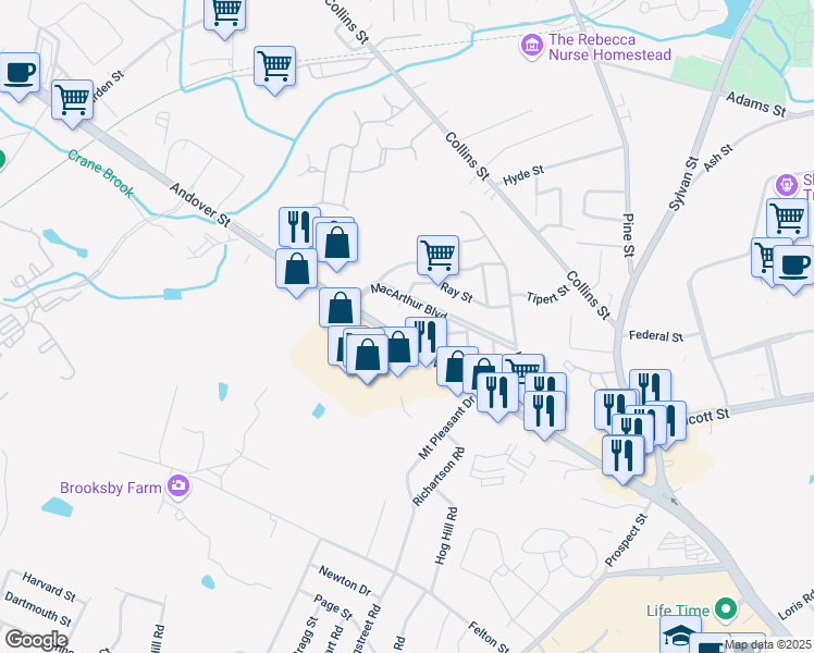map of restaurants, bars, coffee shops, grocery stores, and more near 20 Andover Street in Peabody