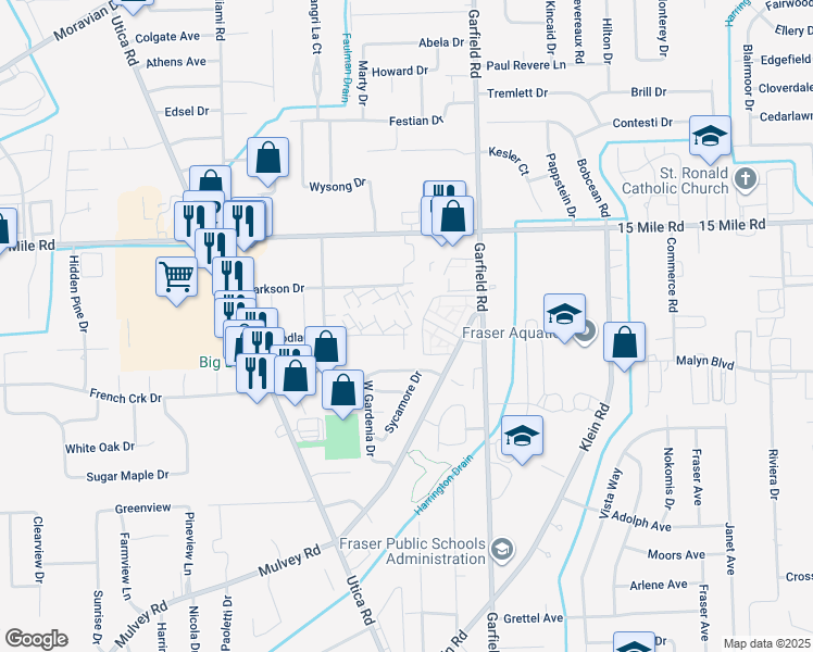 map of restaurants, bars, coffee shops, grocery stores, and more near 16563 Woodlane in Fraser
