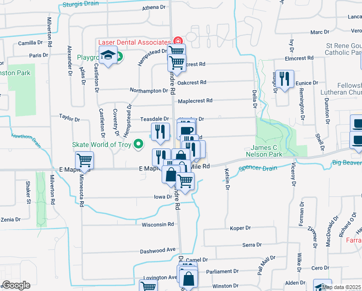 map of restaurants, bars, coffee shops, grocery stores, and more near 35084 Dequindre Road in Sterling Heights