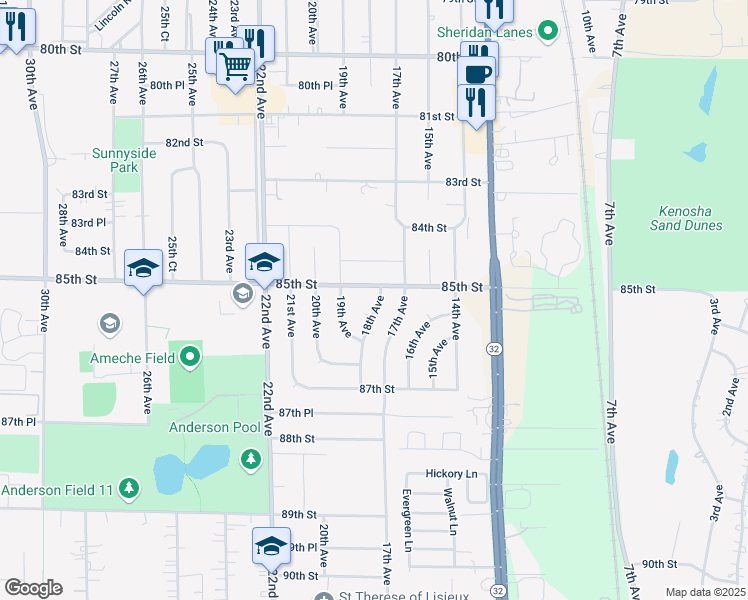 map of restaurants, bars, coffee shops, grocery stores, and more near 8530 18th Avenue in Kenosha