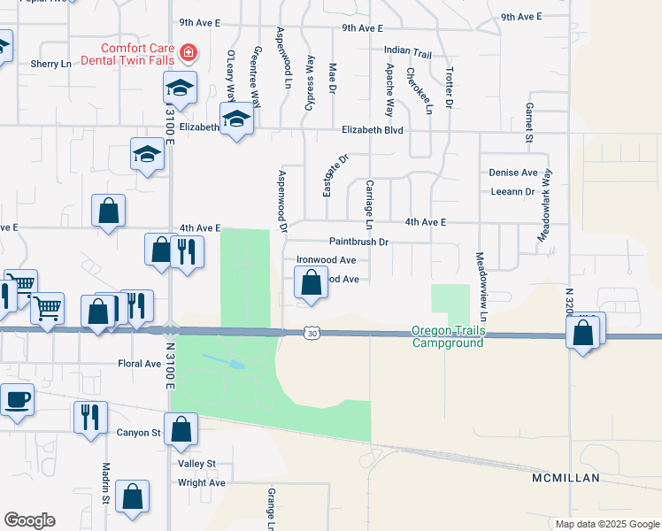 map of restaurants, bars, coffee shops, grocery stores, and more near 2489 Alderwood Avenue in Twin Falls