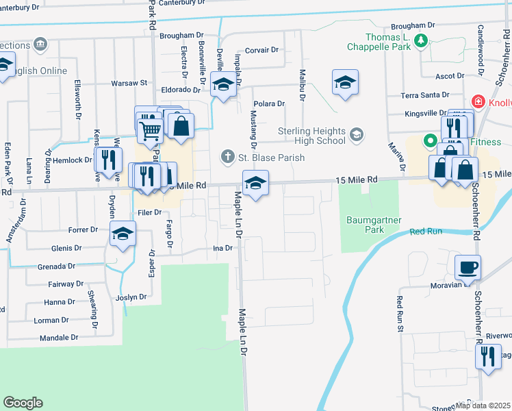 map of restaurants, bars, coffee shops, grocery stores, and more near 12200 15 Mile Road in Sterling Heights
