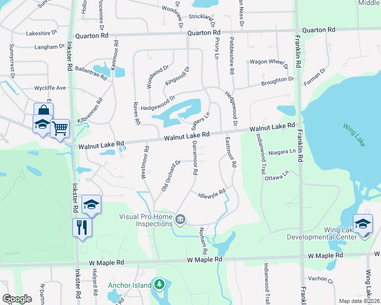 map of restaurants, bars, coffee shops, grocery stores, and more near 6006 Darramoor Road in Bloomfield Hills