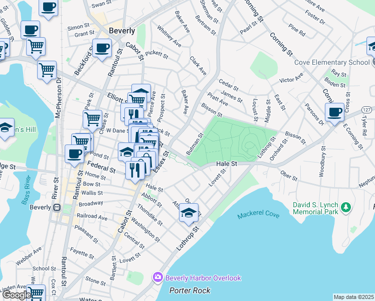 map of restaurants, bars, coffee shops, grocery stores, and more near 31 Essex Street in Beverly