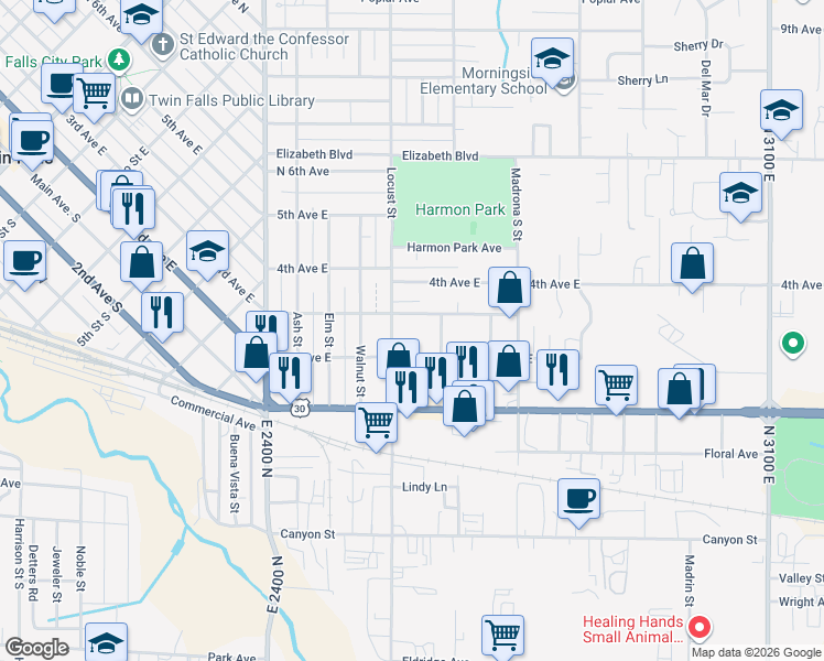 map of restaurants, bars, coffee shops, grocery stores, and more near 226 Locust Street in Twin Falls