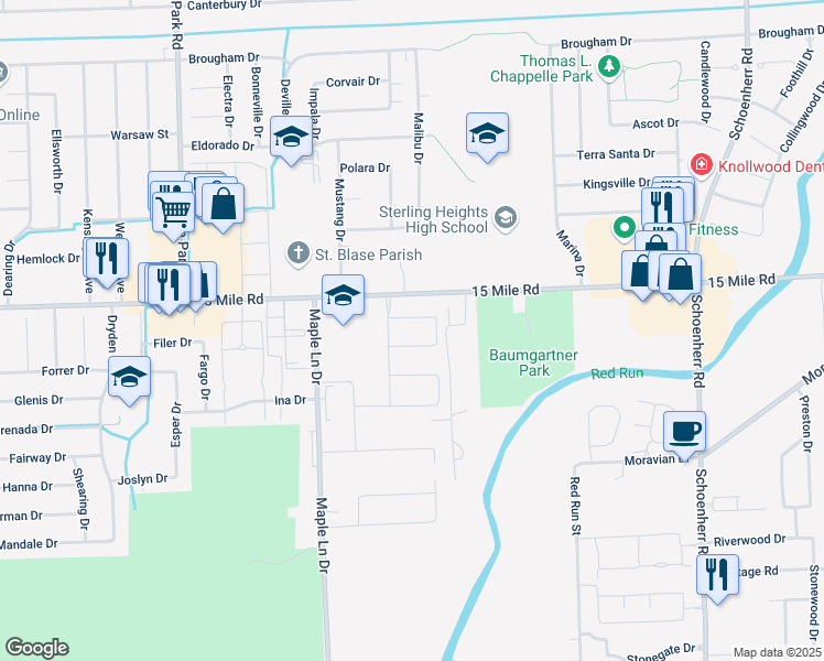 map of restaurants, bars, coffee shops, grocery stores, and more near 12350 15 Mile Road in Sterling Heights
